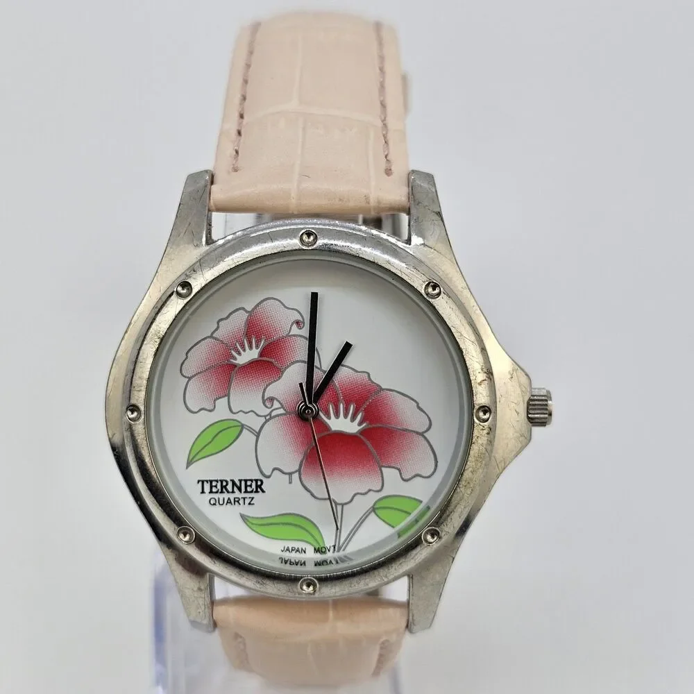Terner Flowers Dial Women's Watch 38MM Pink‎ Leather Band Straps New Battery